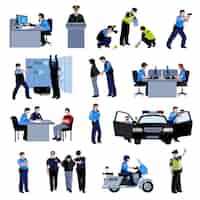 Free vector policeman people at office and outside with police car and situation arrest of offender