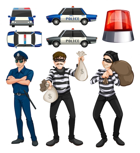Free vector policeman and robbers set illustration