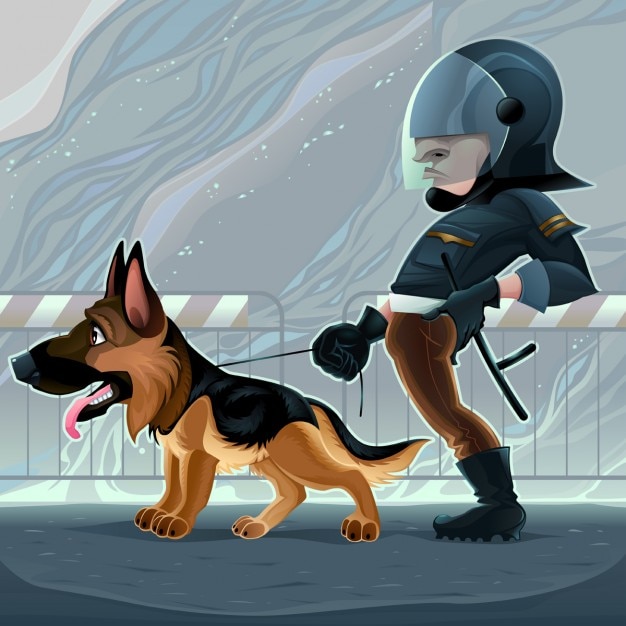 Free vector a policeman walking the dog