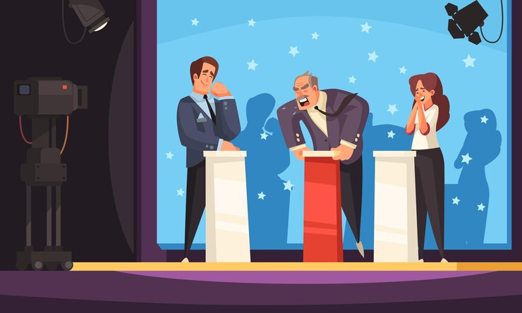 Free Vector political talk show colored  with opponents standing behind tribunes before television cameras