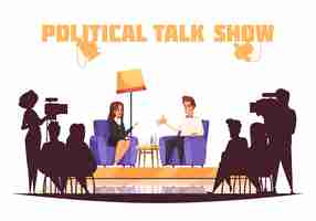 Free vector political talk show tv program with journalist asking questions to politician in front of audience