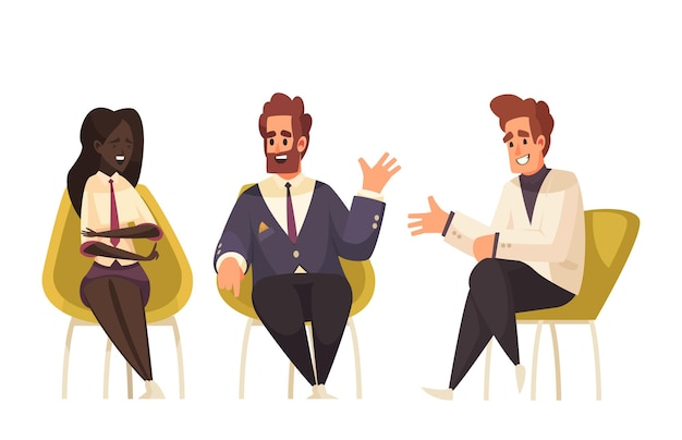 Political talk show with characters of three talk show guests in chairs illustration