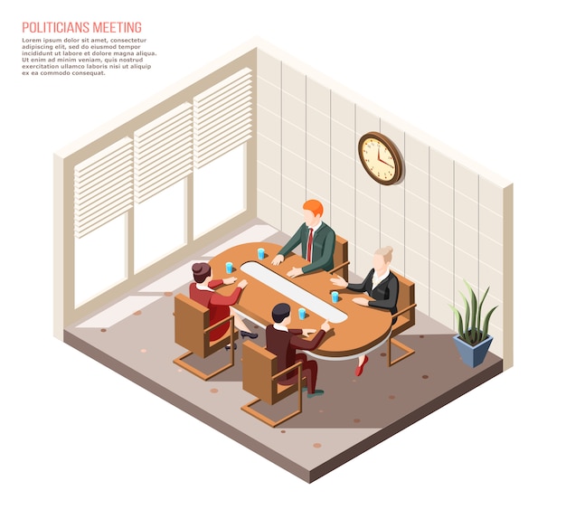 Politicians during conversation at meeting in conference room isometric composition