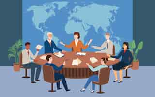 Free vector politicians having meeting at round table on background with world map flat vector illustration