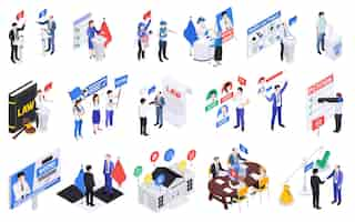 Free vector politicians lawmakers isometric set with isolated compositions of icons voting petitions and human characters of officials vector illustration