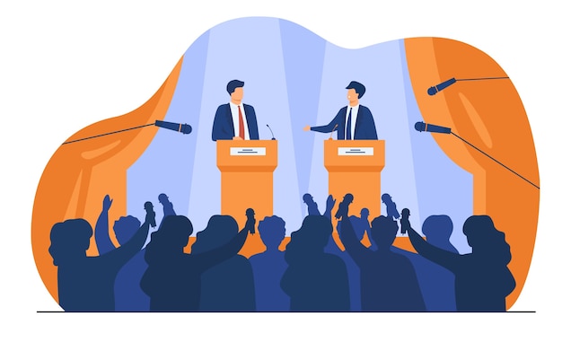 Politicians talking or having debates in front of audience flat vector illustration. cartoon male public speakers standing on rostrum and arguing.