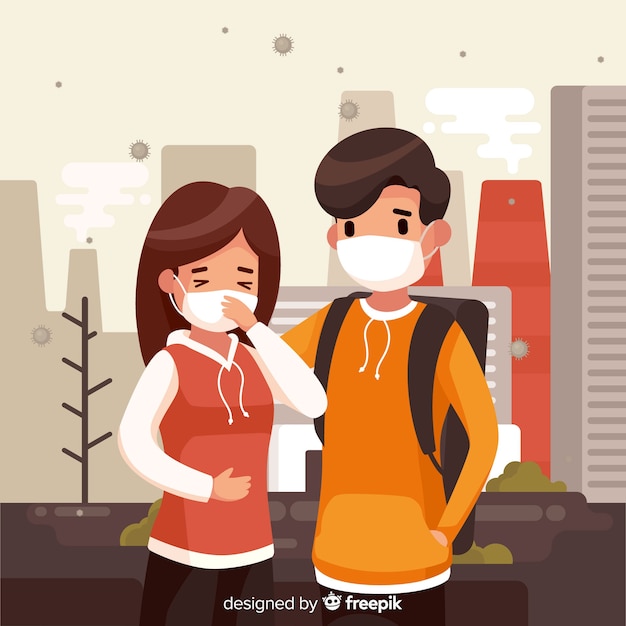 Pollution concept with young couple in city