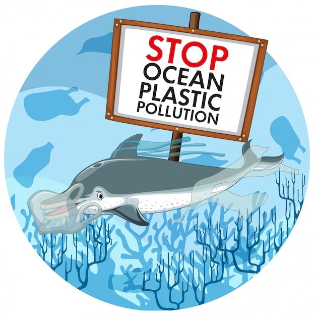 Free vector pollution control scene with dolphin and plastic bags