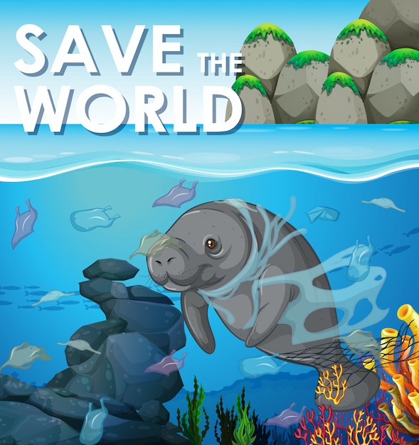 Free vector pollution control scene with manatee underwater