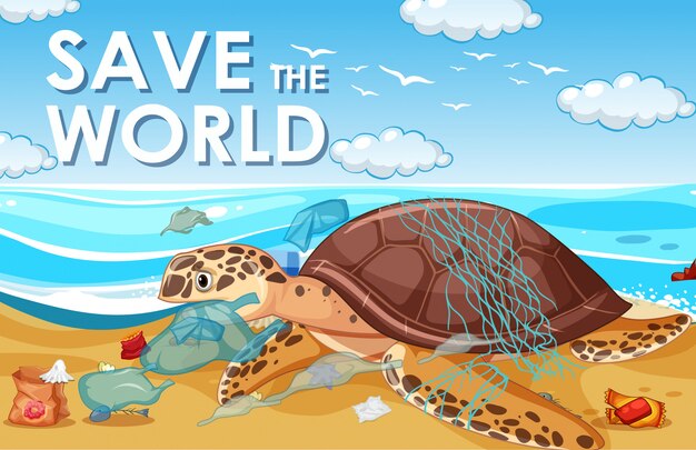 Pollution control scene with sea turtle and plastic bags