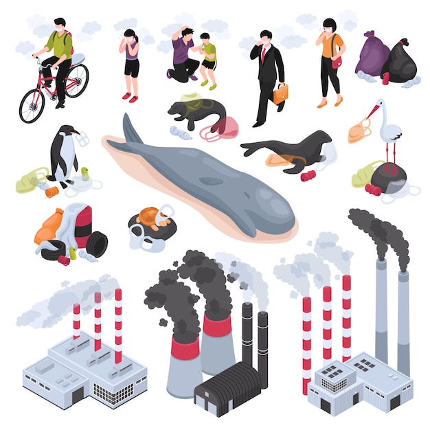 Pollution isometric set with water and air pollution symbols isolated