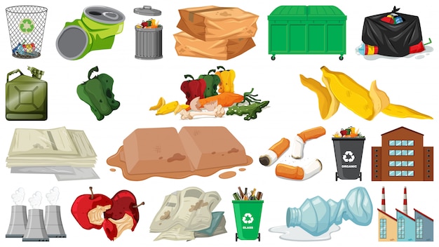 Pollution, litter, rubbish and trash objects isolated