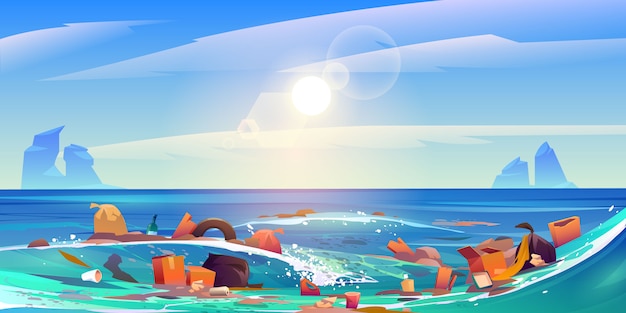 Free vector pollution ocean by plastic trash, garbage in water