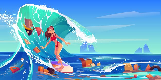 海や海の水中でビニール袋にフグを入れます ゴミによる海洋汚染 地球規模のポイ捨て 無料のベクター