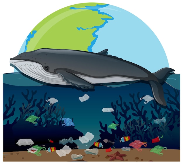 Free vector pollution in the sea sad whale and trash