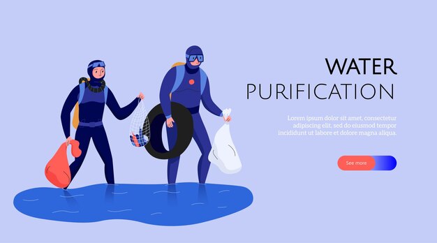 Pollution web banner with people collecting rubbish and cleaning water flat