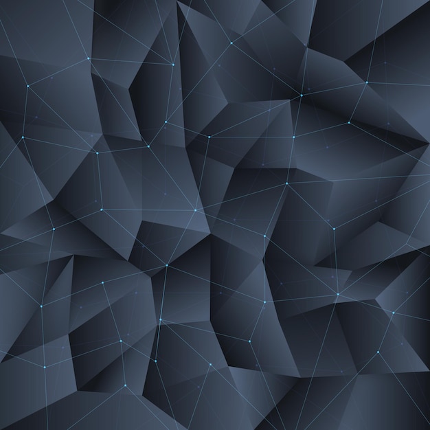 Многоугольник черный кристаллический фон со структурой соединительных линий. Многоугольник фонового рисунка, кристаллический геометрический многоугольник, структура многоугольника формы.