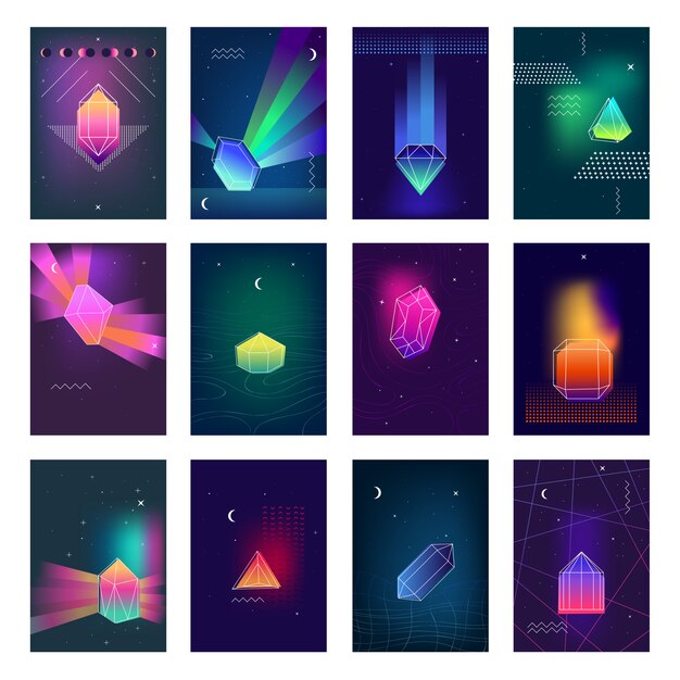 Набор иконок красочные изображения полигональных кристаллов