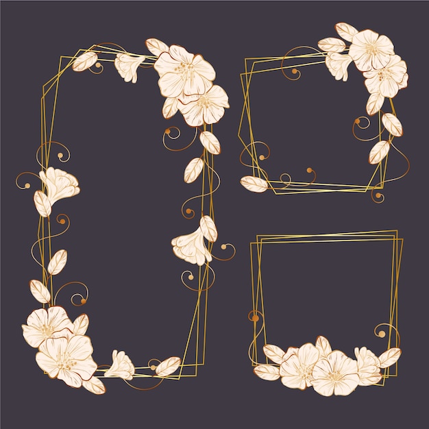 Polygonal golden frames with elegant flowers