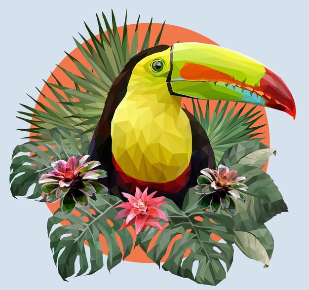多角形のイラストアマゾンの葉と青と金のコンゴウインコの鳥 プレミアムベクター