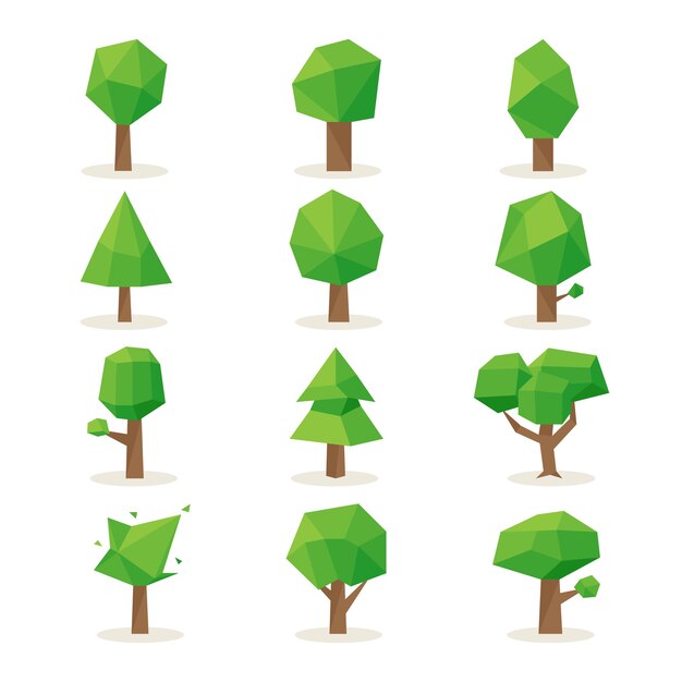 Polygonal trees set. Design nature, environment green, plant natural