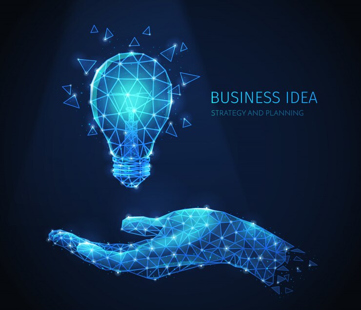 Free Vector polygonal wireframe business strategy composition with glittering images of human hand and incandescent lamp with text