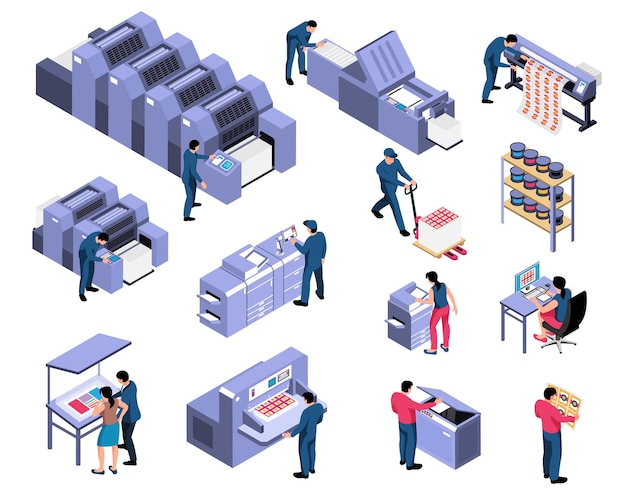 Free vector polygraphy isometric set of professional equipment for various types of printing with workers servicing machines vector illustration