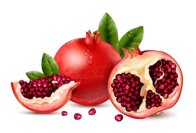 Pomegranate realistic concept with organic food symbols vector illustration