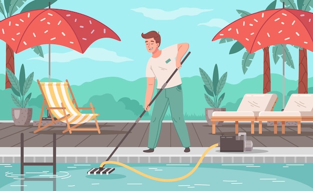 無料ベクター 真空漫画のベクトル図とゾーンを水泳で水を掃除する男とプール メンテナンス サービス夏の背景