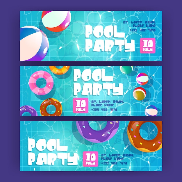 Pool party cartoon banners summer background with colorful\
inflatable rings and balls float in swimming pool top view\
invitation flyers for summertime vacation entertainment vector\
illustration