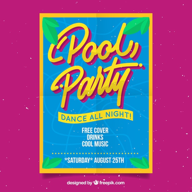 Free vector pool party poster with palm leaves