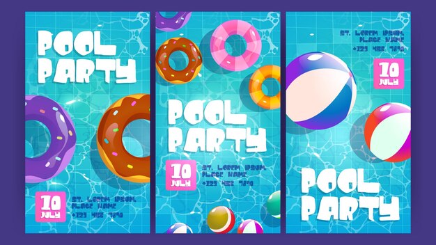 Free vector pool party posters with inflatable rubber rings and balls floating in water vector vertical banners of summer holidays resort vacation with cartoon top view of swimming pool