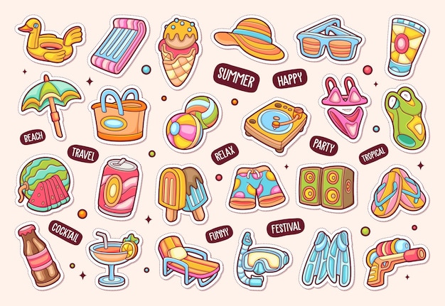 Free vector pool party sticker icons hand drawn coloring vector