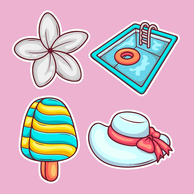 Pool Party Sticker Icons Hand Drawn Coloring Vector