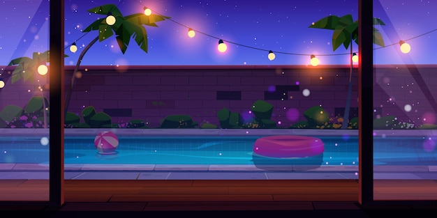 Free vector poolside in backyard with inflatable ring and ball on water palm trees and brick fence garlands with light bulbs under wooden patio cartoon evening or night panorama of swimming pool in courtyard
