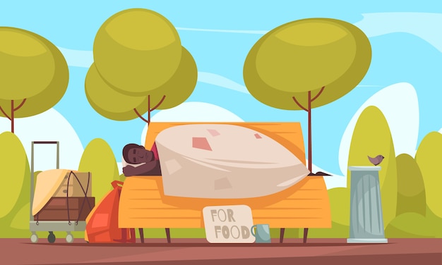 Free vector poor homeless man sleeps outdoor on bench with beggars cup asking money for food flat banner