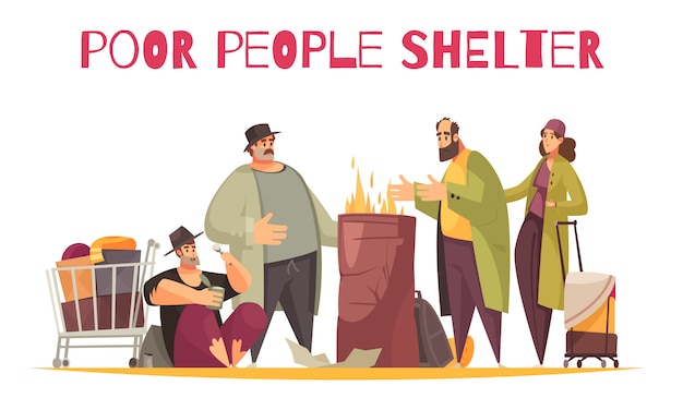 Бесплатное векторное изображение Бедный приют для бездомных на улице, плоская комическая композиция с горящими на улице людьми, выжившими на улице