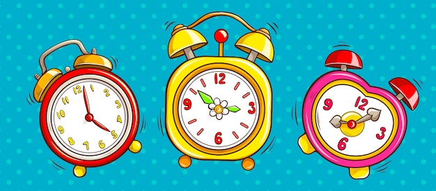 Free vector pop art alarm clocks set on half tone background.