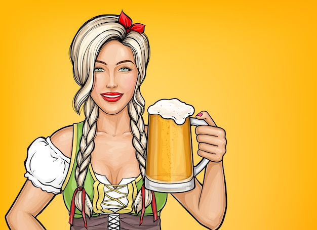 彼女の手にビールのガラスを保持しているポップアートの美しい女性ウェイトレス。オクトーバーフェストのお祝い、アルコール飲料と伝統的なドイツの衣装で笑っているブロンドの女の子。