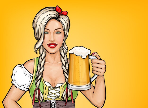 Pop art beautiful female waitress holding glass of beer in her hand. Oktoberfest celebration, blonde girl smiling in traditional German costume with alcohol drink.