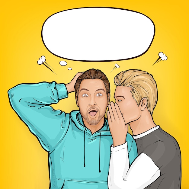Free vector pop art blonde haired man whispers about sales or secrets to ear of surprised brown guy in hoodie.