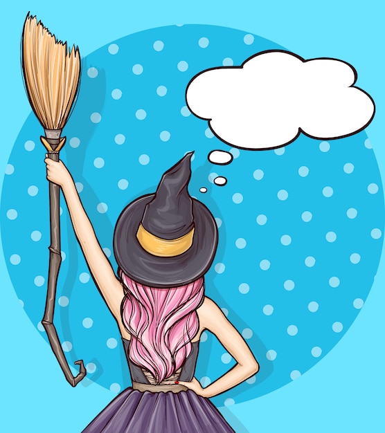 Free vector pop art girl in halloween witch costume with broom