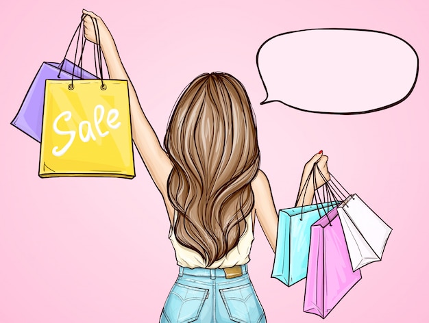 Free vector pop art girl holding shopping bags