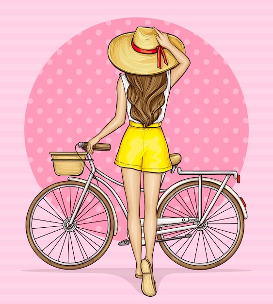 Free vector pop art girl near bicycle with basket