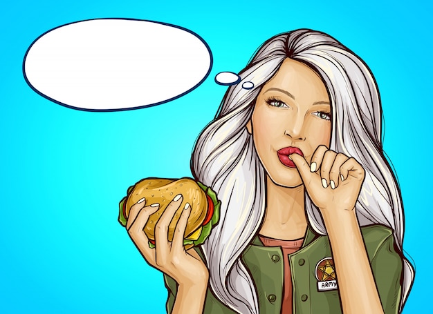 Pop art girl with burger licks a finger