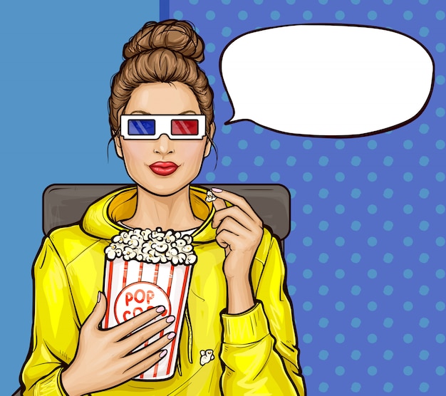 Ragazza pop art con popcorn guardando film in 3d