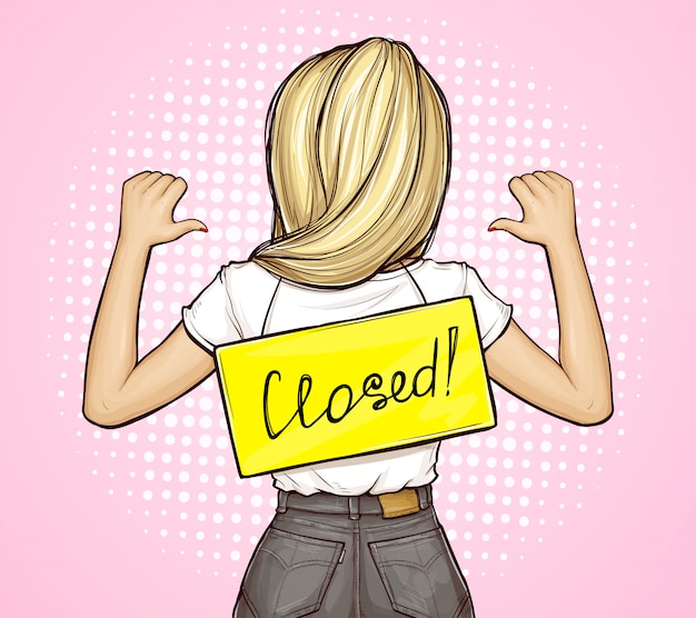 Free vector pop art girl with signboard closed