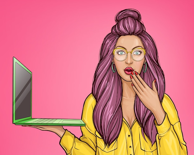 Pop art illustration of a amazed young girl holds an open laptop in her hand.