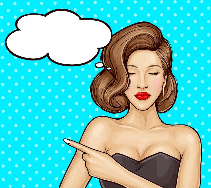 Free Vector  pop art illustration of a beautiful girl in a luxurious dress pointing by finger at something or information about a sale, speech bubble. poster for advertising sales, discounts and services.