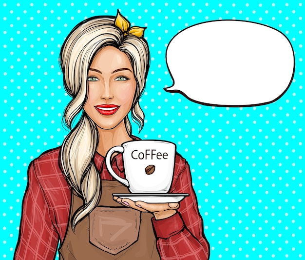 Free vector pop art illustration of female barista. smiling woman in shirt and apron holding cup of coffee.